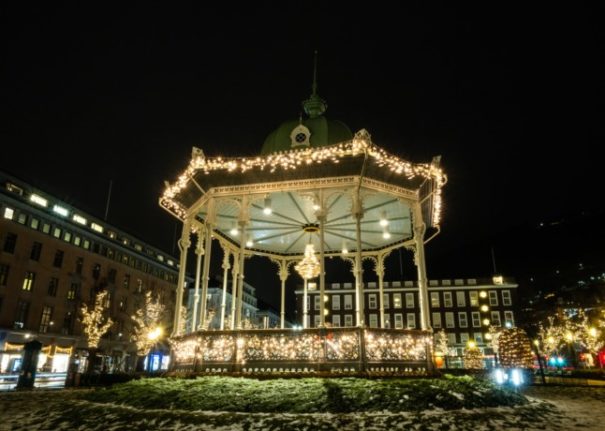 Pictured is a bandstand in Bergen adorned with Christmas decorations.